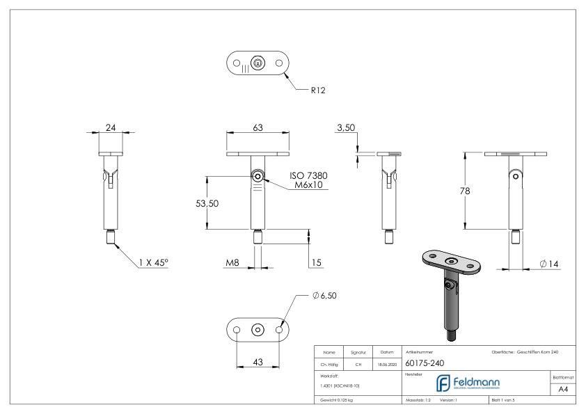 Gelenkstift mit Handlaufanschlussplatte flach, V2A Gelenkstift mit Handlaufanschlussplatte flach, V2A