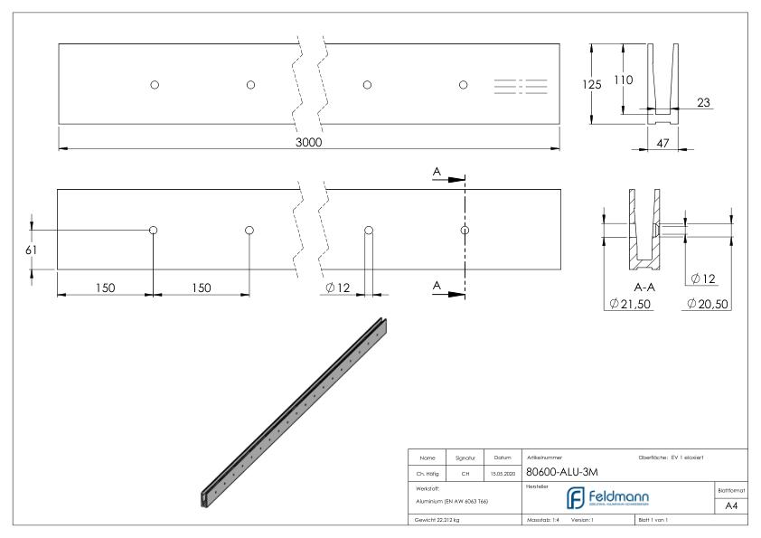 Alu-Profil ELEGANZA STRONG, seitliche Montage, L: 3000mm