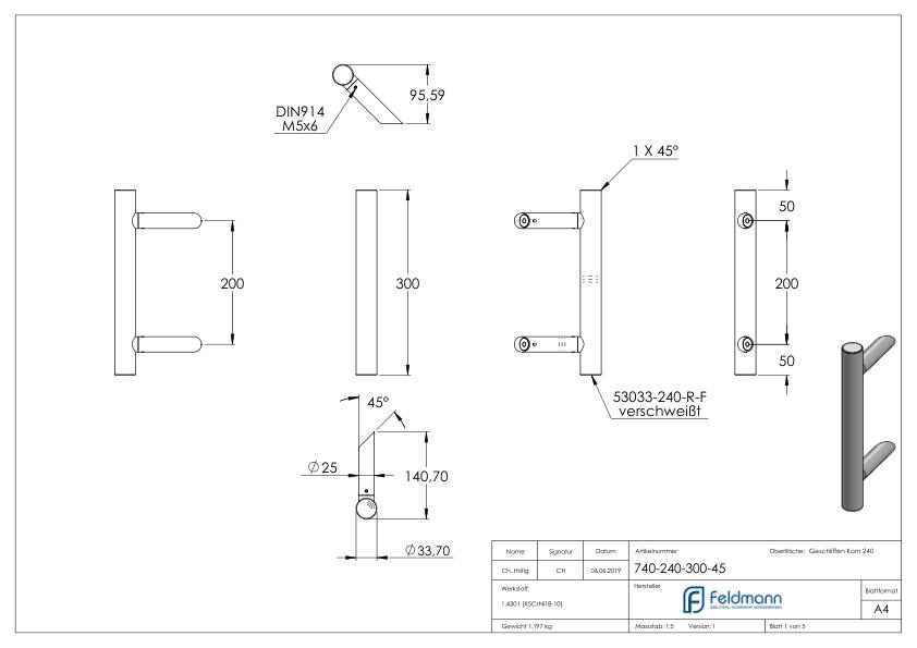 Stoßgriff inkl. Halter mit 45° Schräge 45° mit L: 300mm, V2A Stoßgriff inkl. Halter mit 45° Schräge 45° mit L: 300mm, V2A