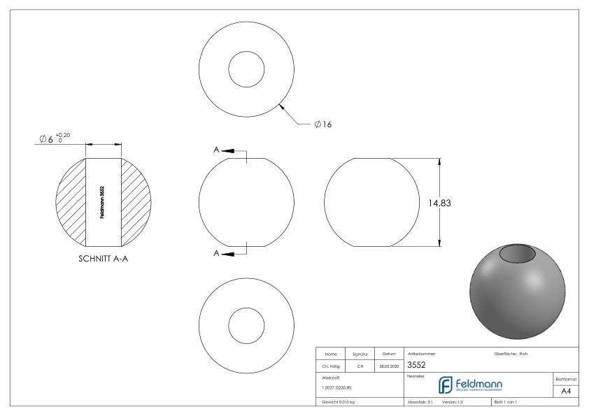 Massivkugel 16mm, mit Durchgangsbohrung 6,0mm