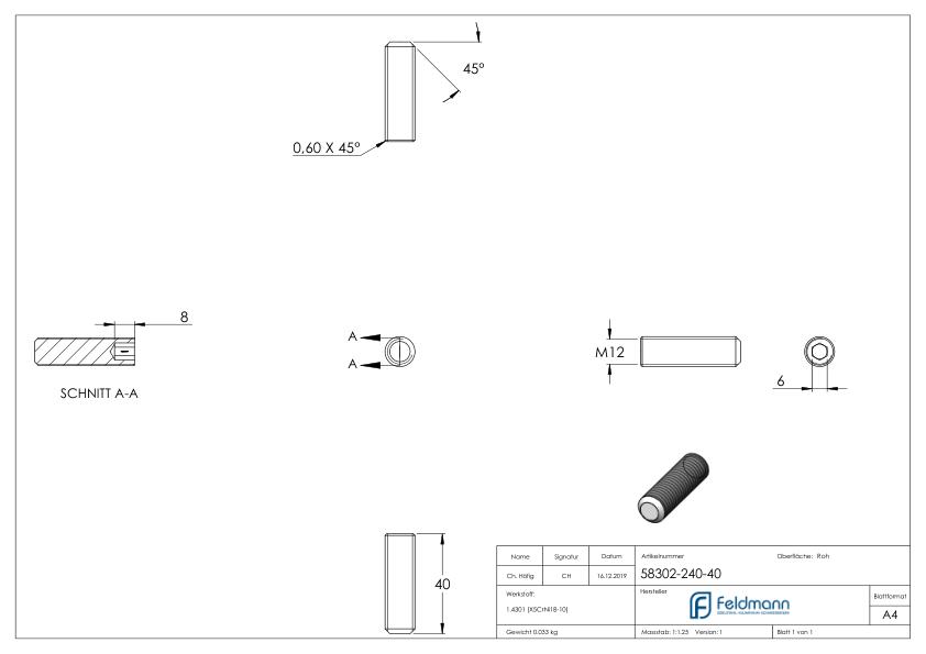 Gewindestift M12x40, V2A, DIN 913 / ISO 4026