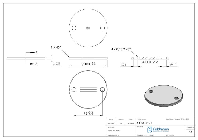 Ankerplatte Ø 100x6mm, mit Längsschliff und Fase, V2A