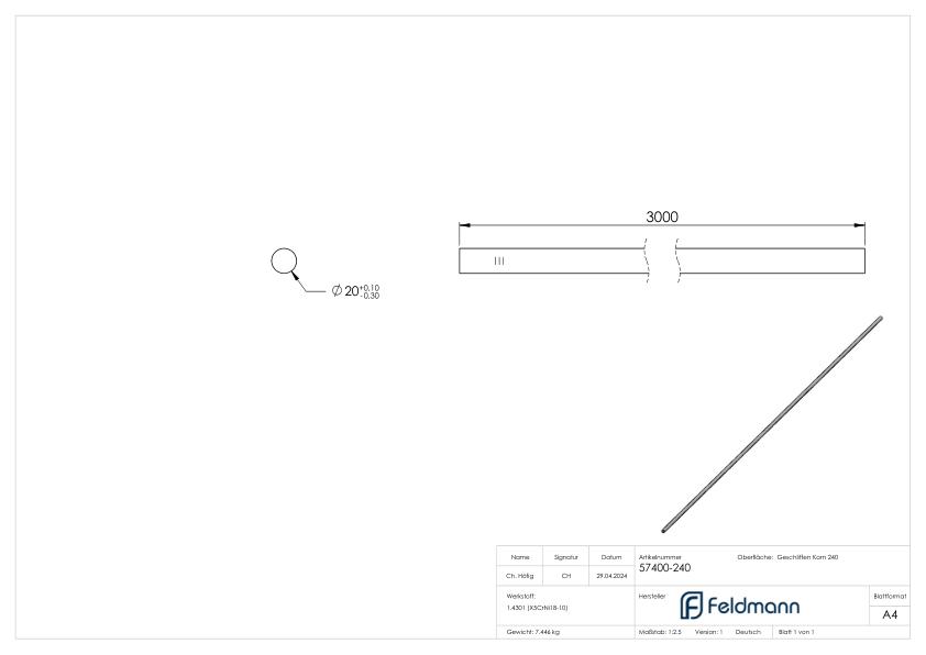 Rundmaterial, 20mm, L: 3000mm, V2A