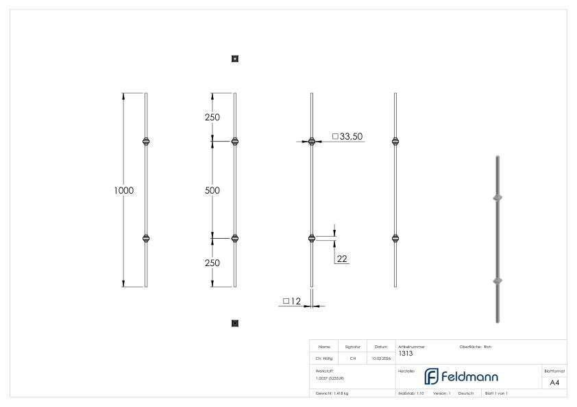 Stab 12x12mm glatt, doppelt, Länge 1000mm