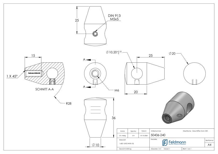 Querstabhalter mit Gewinde M6, 10,2mm Bohrung, V2A