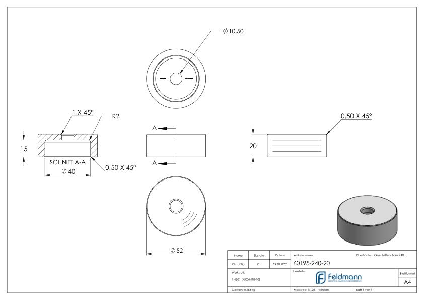Unterteil Ø 52 mm, mit Durchgangsbohrung , t: 20mm, V2A