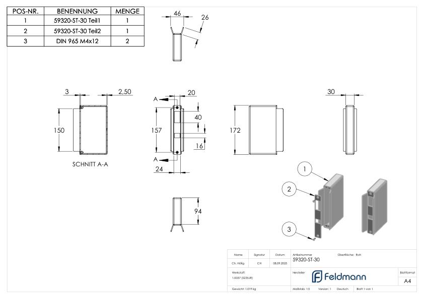 Gegenkasten für Schiebetore, Breite 30mm