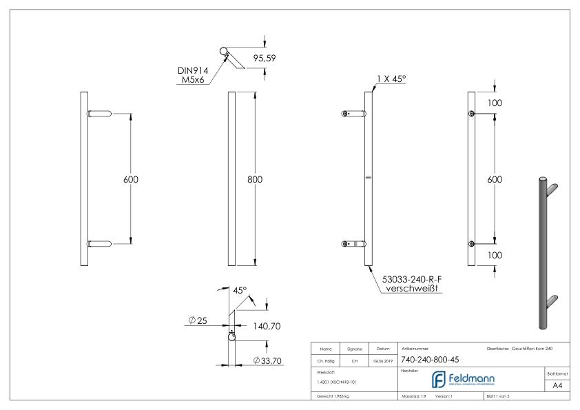 Stoßgriff inkl. Halter mit 45° Schräge 45° mit L: 800mm, V2A