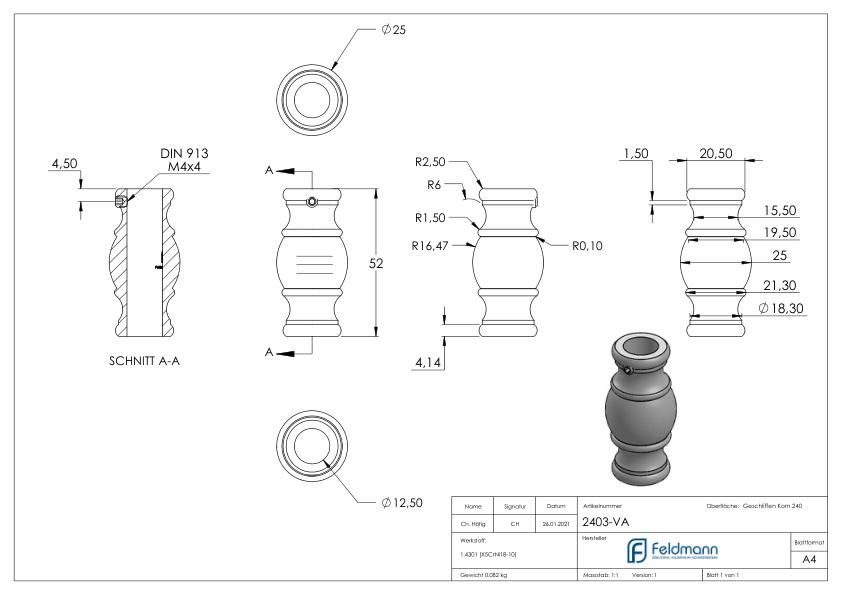 Zierhülse mit Durchgangsbohrung 12,5mm, V2A