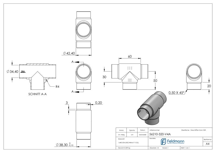 T-Stück, für Rohr 42,4x2,0mm, V4A