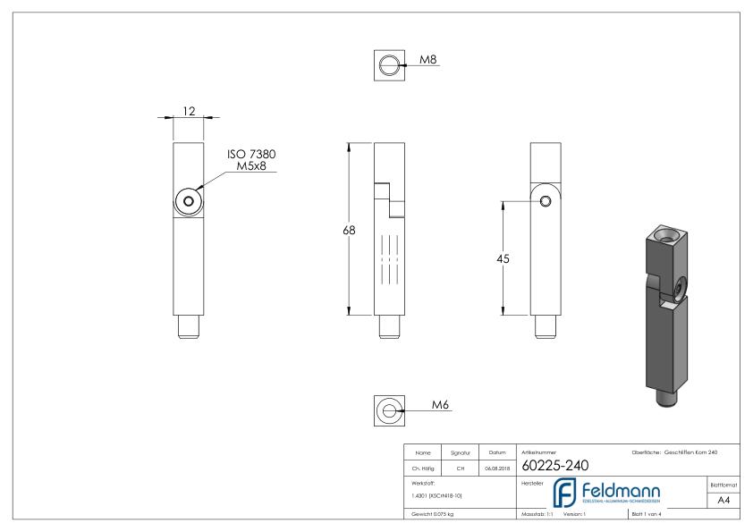 Gelenkstift aus 12x12mm, L: 68mm, V2A