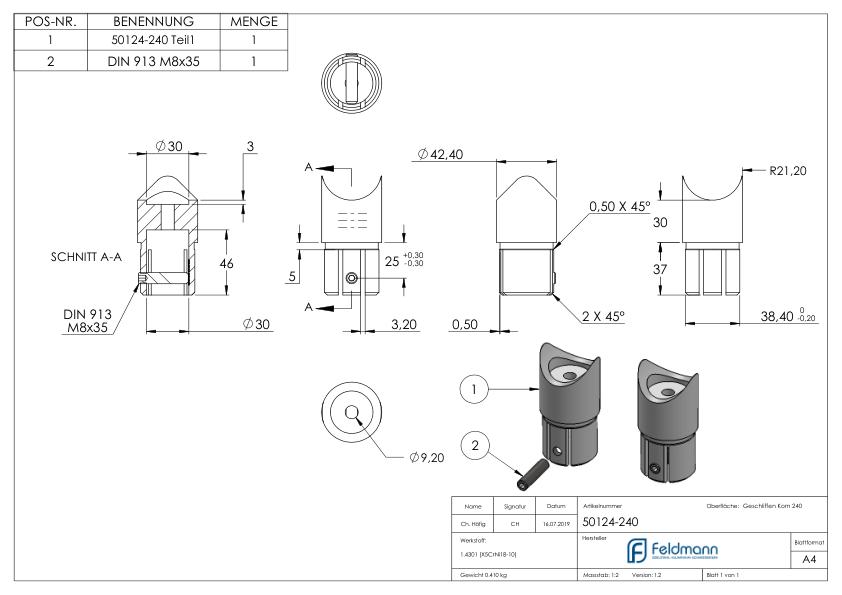Anschlussstück 90°, Anschluss oben: 42,4mm, V2A
