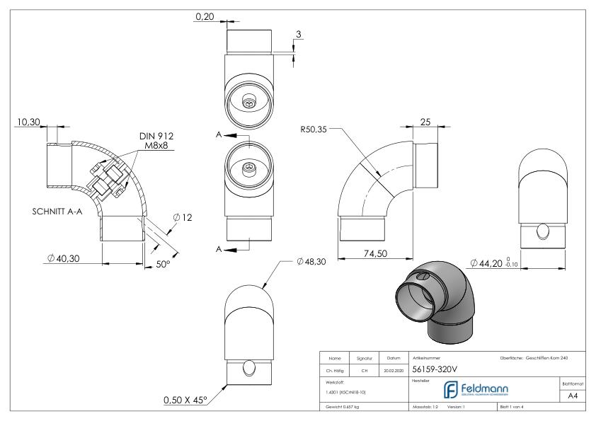 Rohrbogen 90°, verstellbar, für Rohr 48,3x2,0mm, V2A