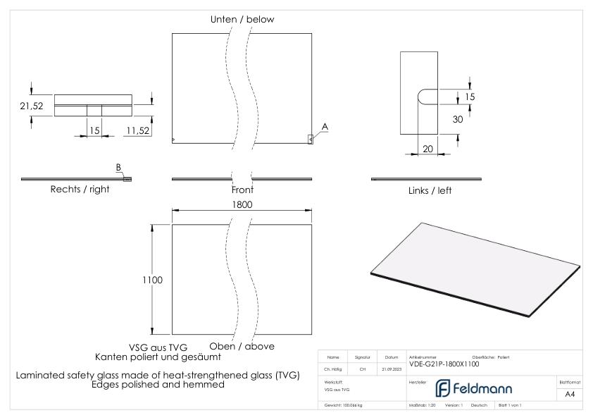 Eleganza canopy Glas: 1800x1200mm VSG aus 2x10mm TVG mit 1,52mm PVB