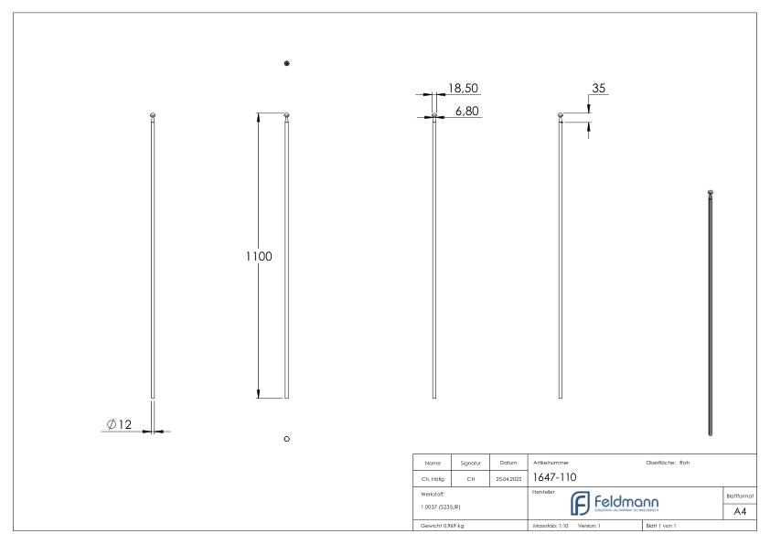 Zaunstab Ø 12mm, H: 1100mm, konisch mit Knopf halbrund