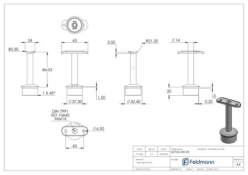 Rohrabschlussstopfen für Rohr 42,4x2,5mm, Handlaufanschlussplatte: 42,4mm, V2A