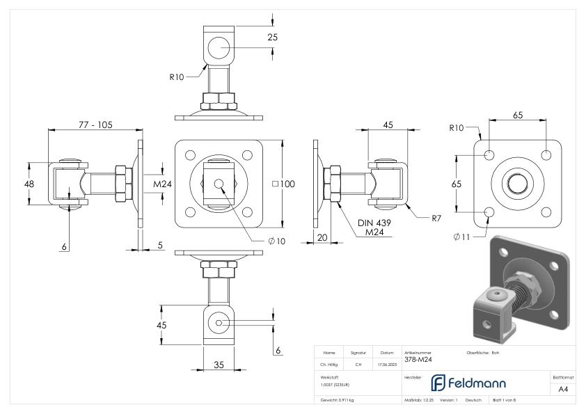 Torband M24 mit verstellbarer Platte, galvanisch verzinkt