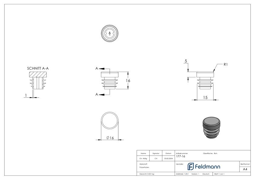 Kunststoffkappe für Rundrohr 16mm