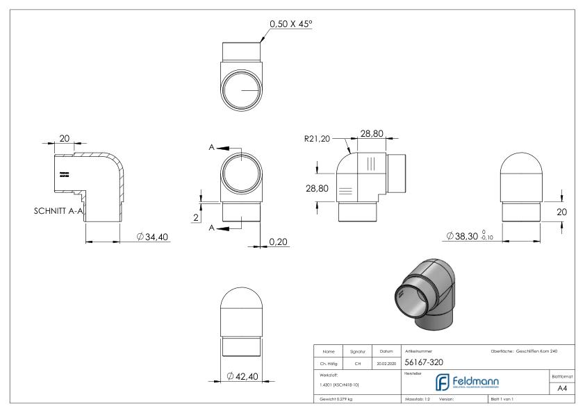 Rohrbogen 90° eng, für Rohr 42,4x2,0mm, V2A