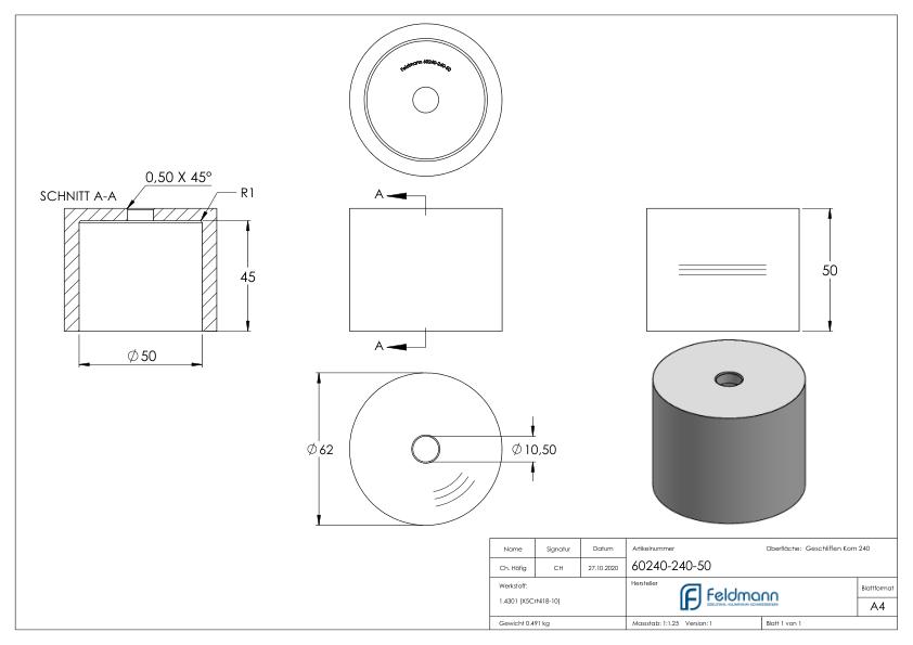 Unterteil für 62mm Glaspunkthalter, t: 50mm, V2A