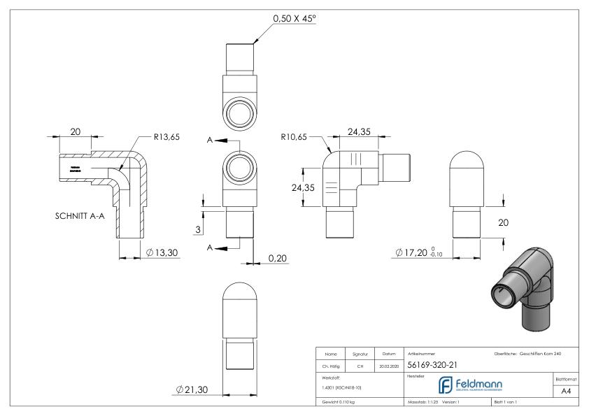 Rohrbogen 90° eng, für Rohr 21,3x2,0mm, V2A