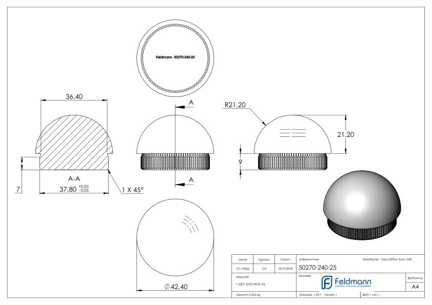 Rohrabschlussstopfen, für Rohr 42,4x2,5mm, V2A