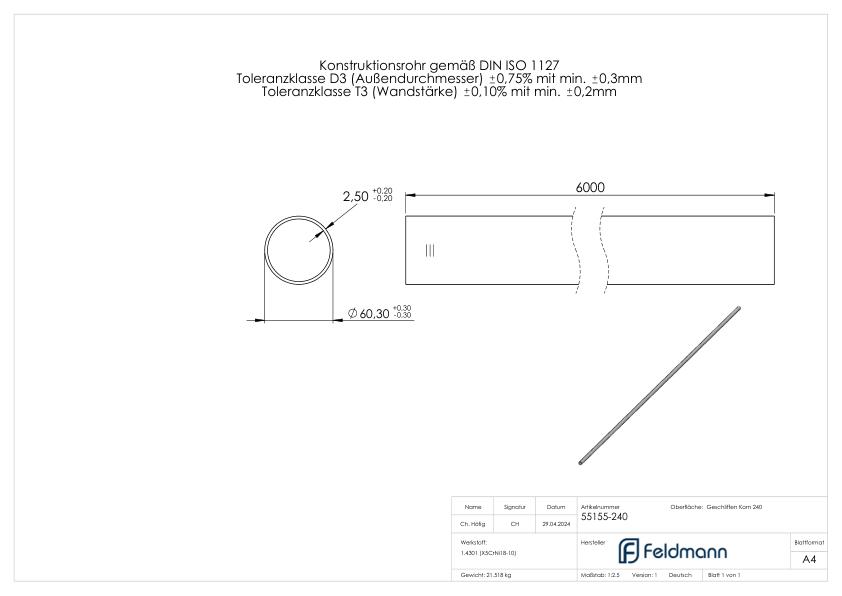 Edelstahlrohr, 60,3x2,5mm, L: 6000mm, V2A