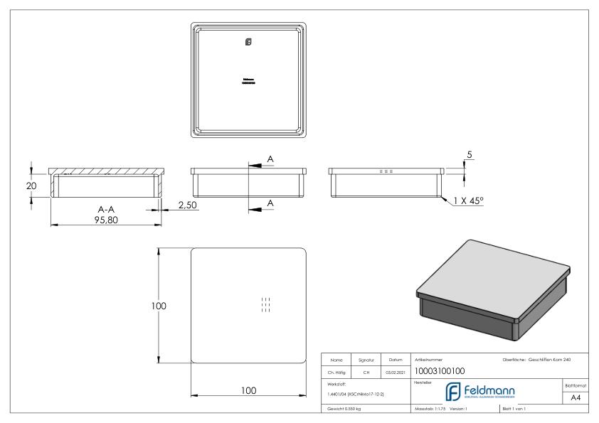 Einsteckkappe, für Rohr 100x100x2,0mm, V4A