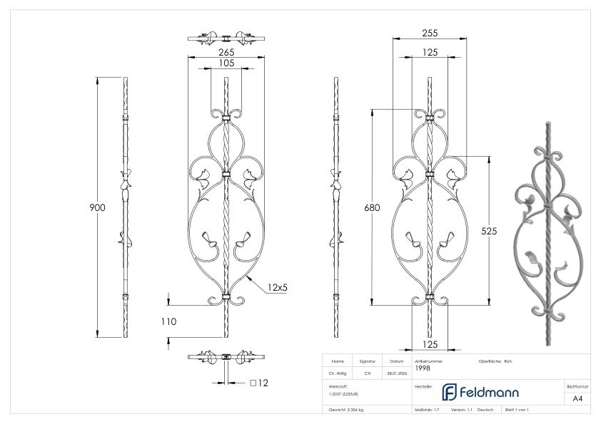 Zierstab 12x12mm, gehämmert, Barock, H: 900mm