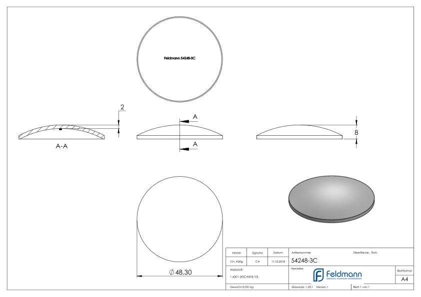 Gewölbte Schale Ø 48,3x2,0mm, H: 8mm, V2A