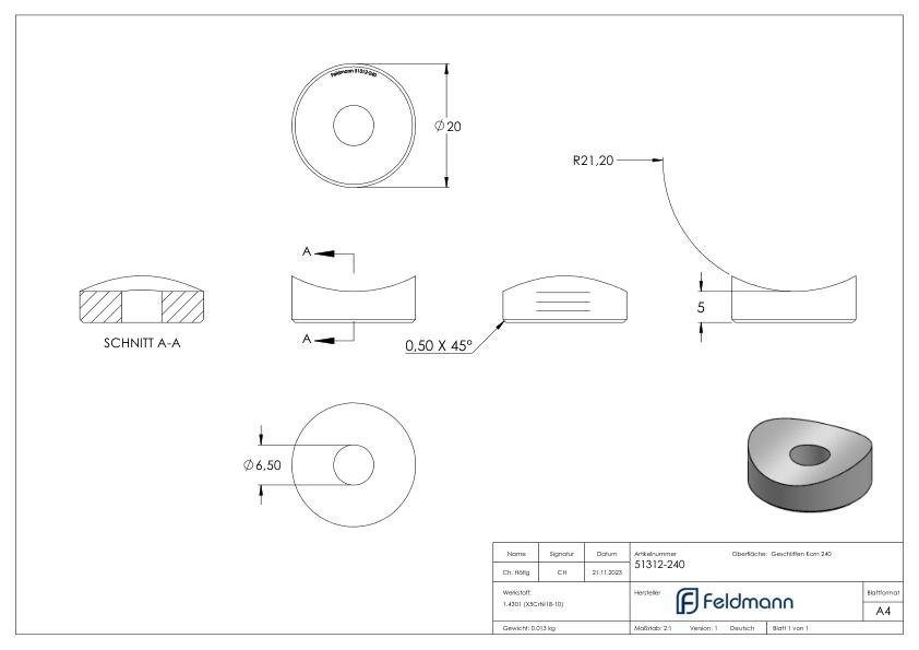Ausgleichsstück (ohne Senkung) für Rohr 42,4mm, Ø 20mm, V2A