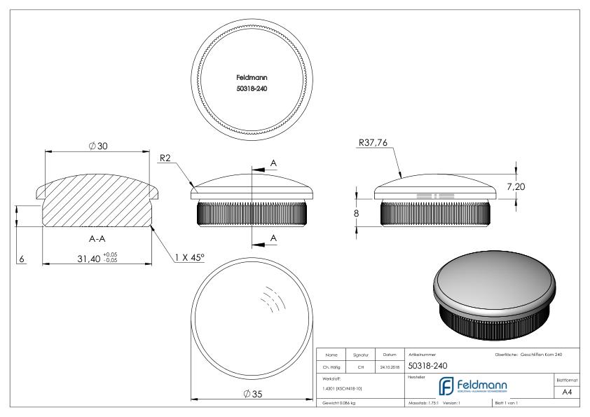 Rohrabschlussstopfen, für Rohr 35,0x2,0mm, V2A