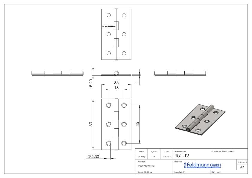 Edelstahl-Scharnier 60x35mm mit festem Zapfen
