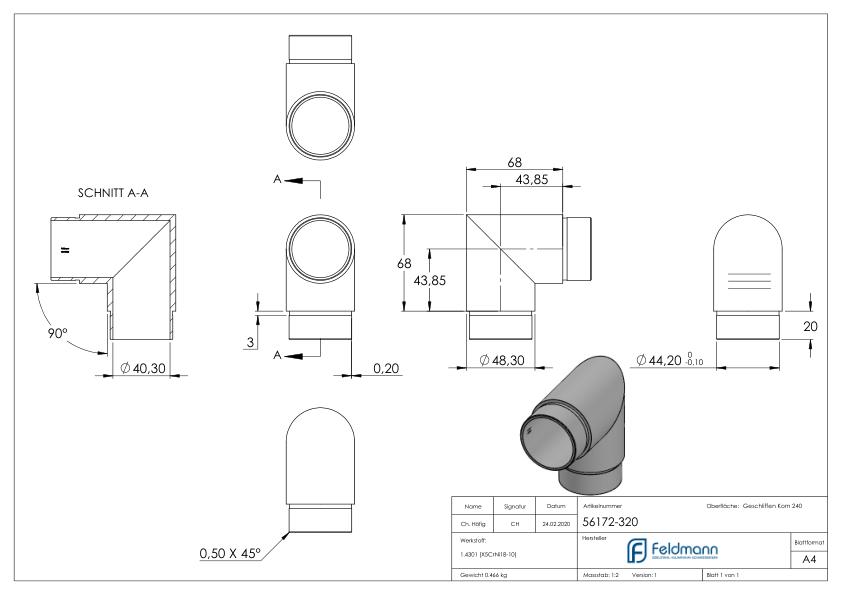 Eckstück 90°, für Rohr 48,3x2,0mm, V2A