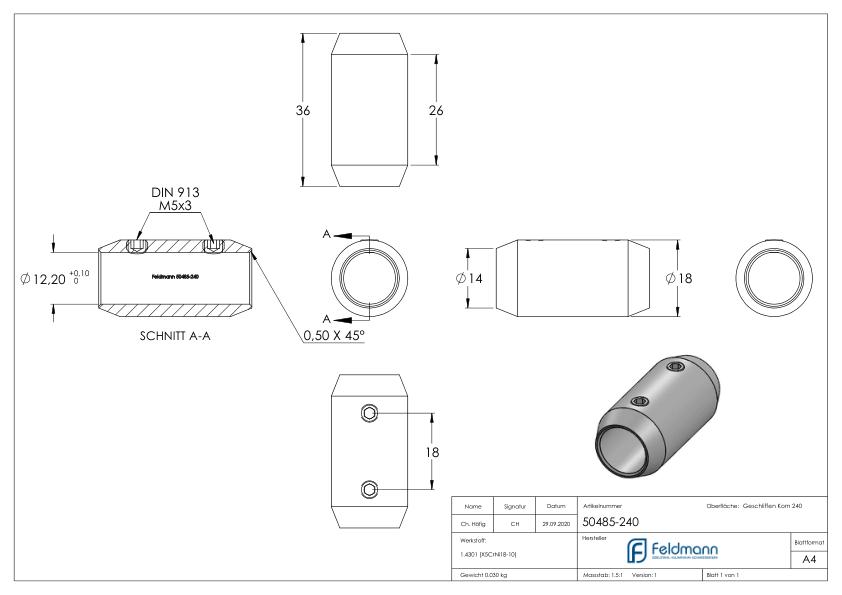 Stabverbinder für 12mm Rund, L: 36mm, Ø 18mm, V2A