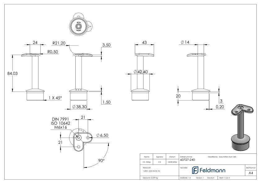 Rohrabschlussstopfen für Rohr 42,4x2,0mm, Handlaufanschlussplatte: 42,4mm, V2A