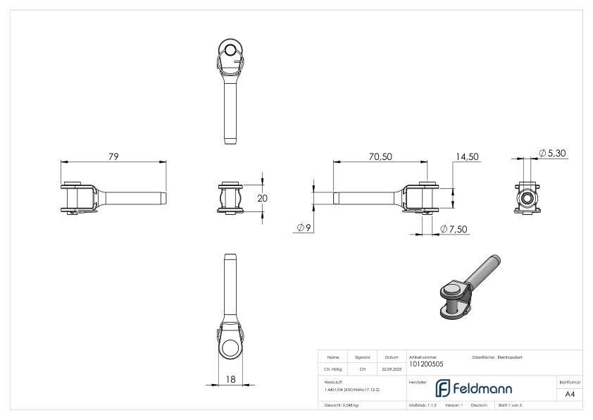 Gabelterminal zum Selbstverpressen für Seil Ø 5mm, V4A