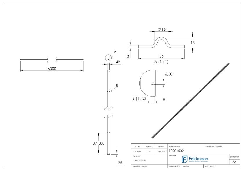 Laufschiene 16mm, L: 6000mm zum Aufschrauben