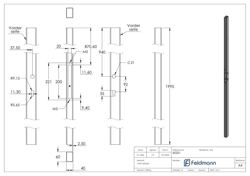 Schlossrohr 60x40 glatt, L:2000mm