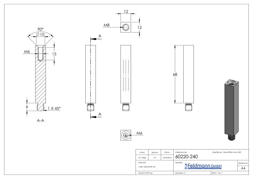 Stift aus 12x12mm, L: 68mm, V2A