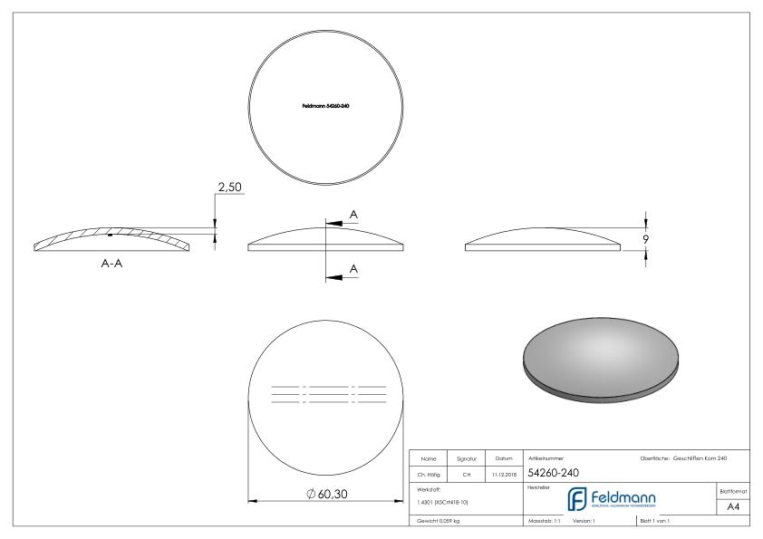 Gewölbte Schale Ø60,3x2,5mm, H: 9mm, V2A