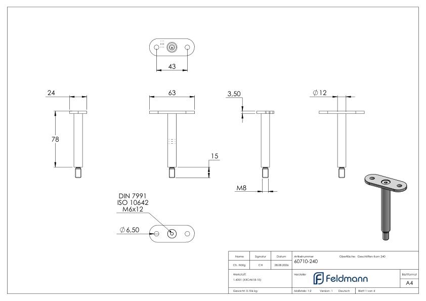 Stift Ø 12mm mit gerader Handlaufanschlussplatte, V2A