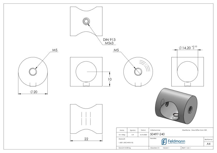 Querstabhalter (Montage zwischen zwei Flacheisen) mit 14,2mm Bohrung, V2A