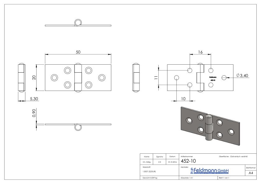 Scharnier 20x50mm mit festem Zapfen