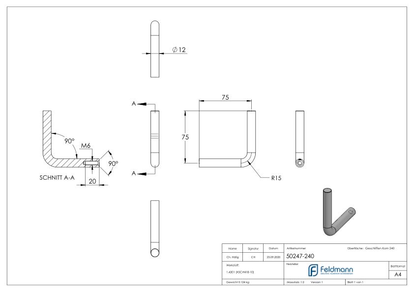 Bügel Ø 12mm, 90° gebogen, V2A Bügel Ø 12mm, 90° gebogen, V2A