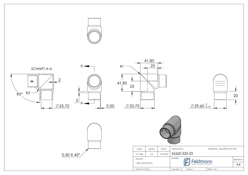 Eckstück 90° kurz, für Rohr 33,7 x 2,0mm, V2A