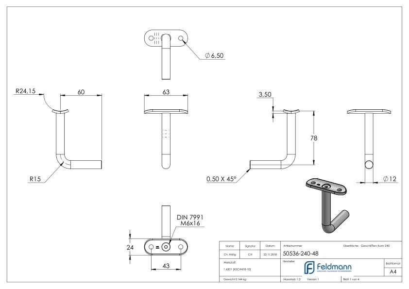 Bügel Ø 12mm mit Handlaufanschlussplatte 48,3mm, V2A