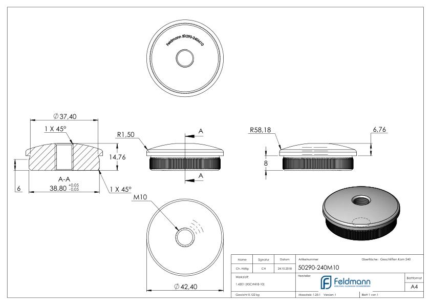 Rohrabschlussstopfen, für Rohr 42,4x2,0mm, V2A