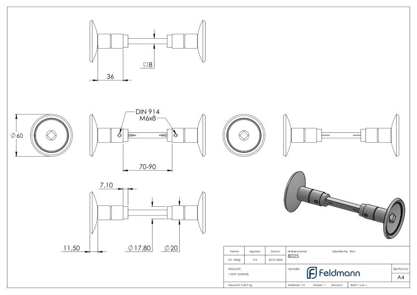 Drückerknopfpaar Ø 60mm mit Stift 8x8mm