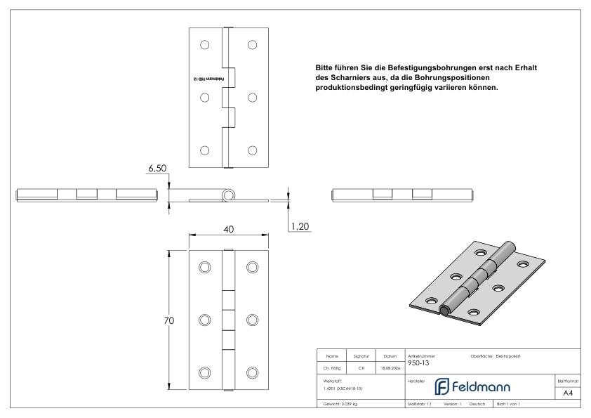 Edelstahl-Scharnier 70x40mm mit festem Zapfen